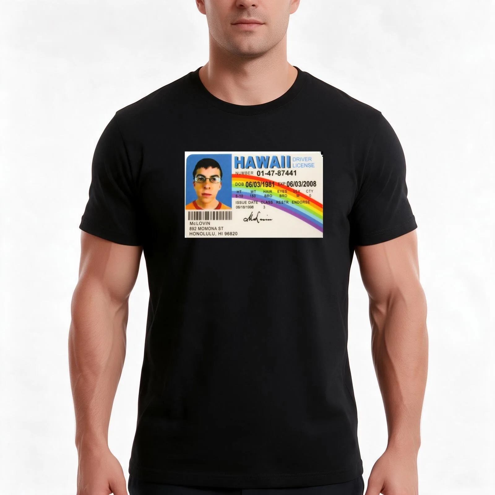 McLovin ID T-Shirt, Summer Casual Cotton Tee, Oversized Streetwear Tops, Vintage Graphic Print, Loose Fit Short Sleeve