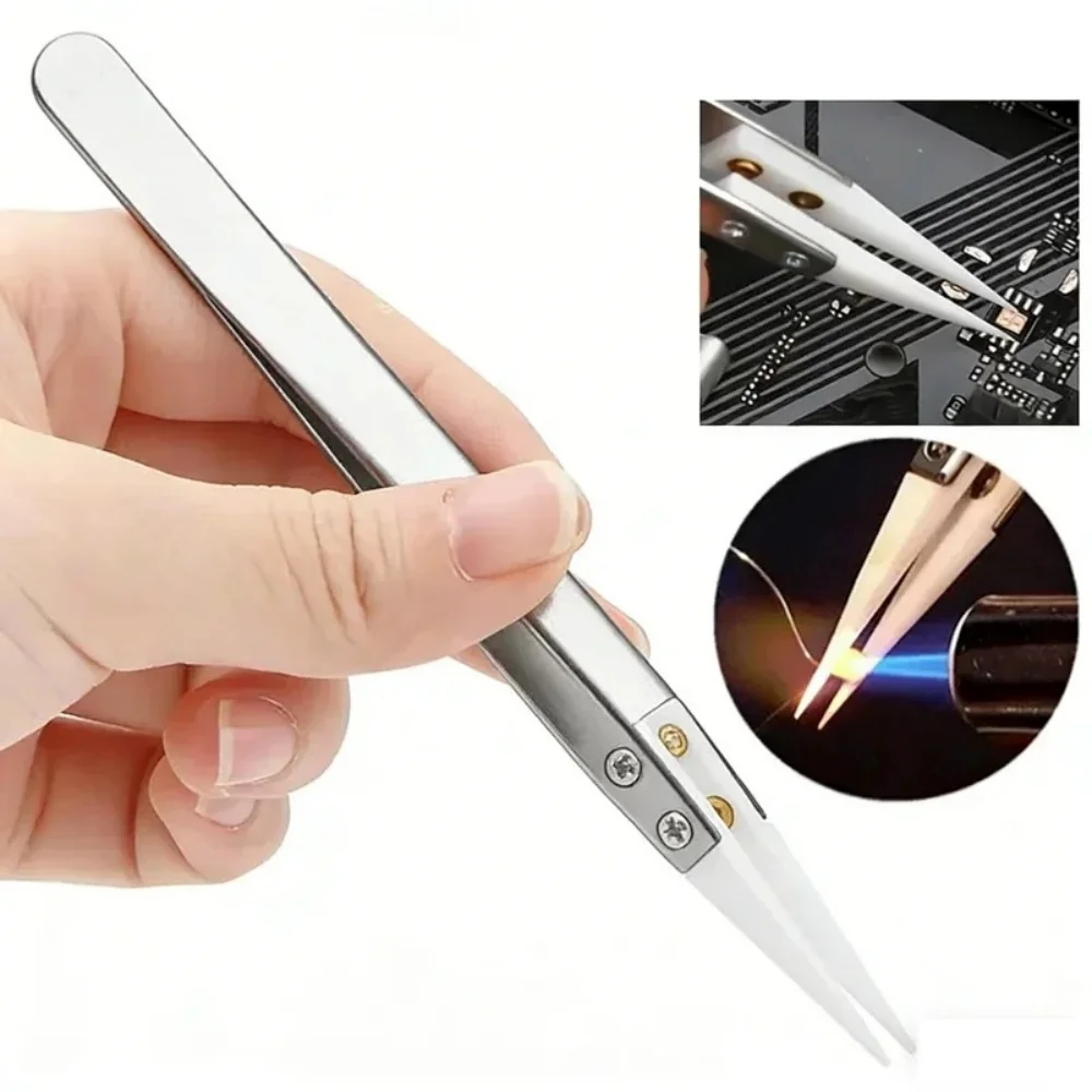 1200° Ceramic Tipped Stainless Steel Tweezers Tips Heat Pointed Resistant Tweezer Electronic Soldering Tweezers Fine Pointed Tip