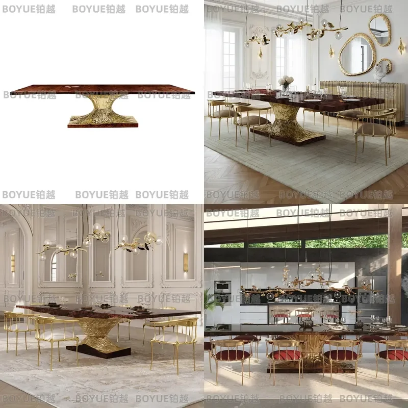 Luxury Portuguese Art Pure Copper Dining Table Rectangular Solid Wood Large Flat Floor Furniture for Villa Guest Restaurant