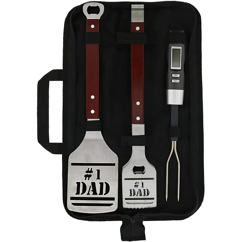 

Panoware BBQ Grill Tools Set for Dad, 4 Piece Set, Number 1 Dad Tongs, Spatula, Digital Thermometer and Case