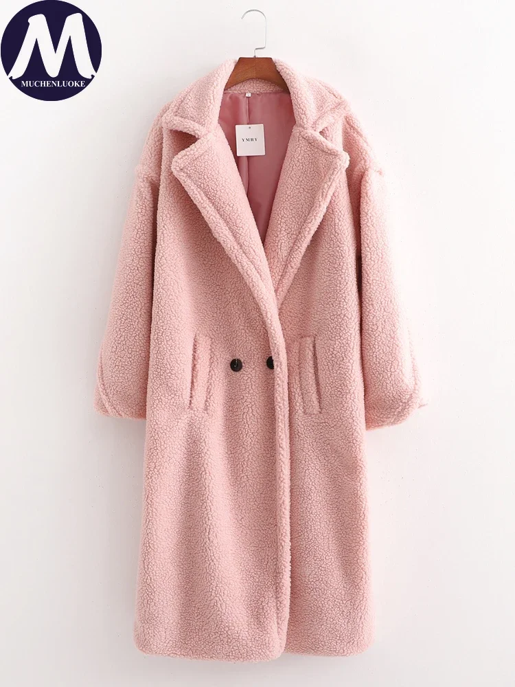 Cappotto di media lunghezza con risvolto in piuma di agnello artificiale per donna, cappotto di pelliccia caldo, soprabito allentato Casual, moda elegante, nuovo, inverno, 2023