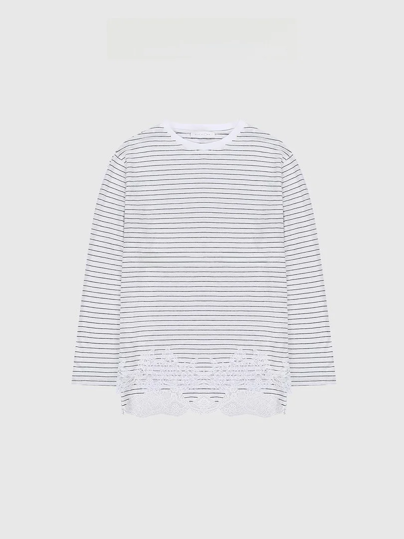 

Футболка с длинным рукавом, кружевными вставками и полосками, универсальная, льняная, повседневная, приталенного кроя, Rhine Secret Garden BGSBA025KC