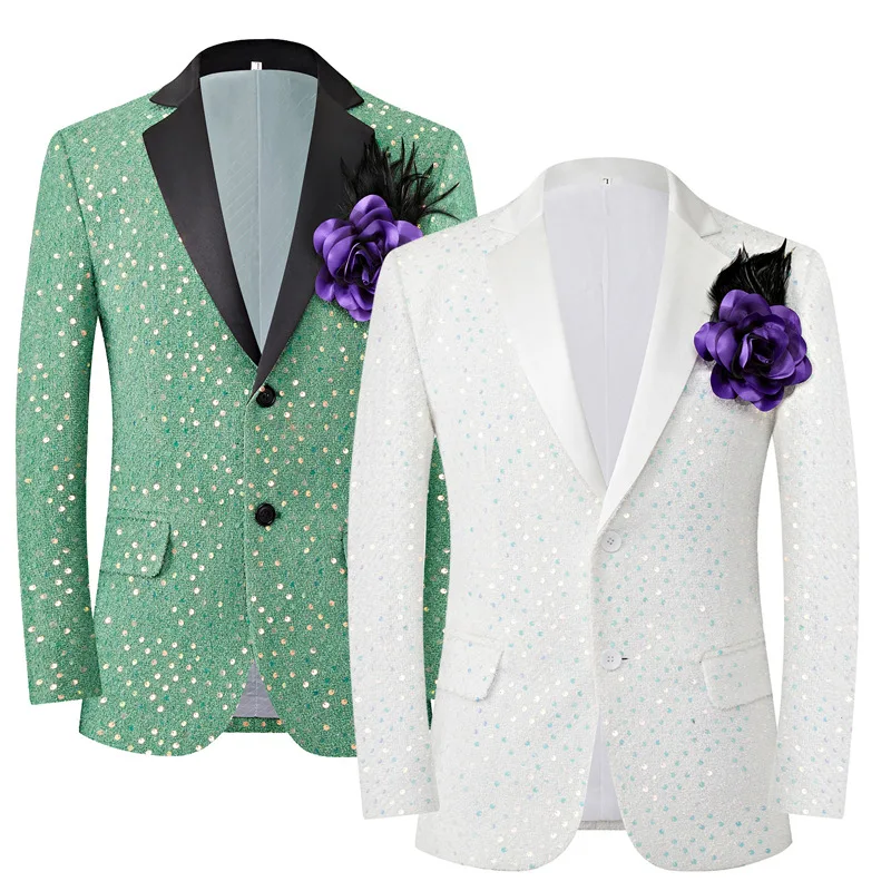 Fashion Singer Stage Performance Sequin Suit Jacket Green / White Fresh Trend Men Dance Party Luxury Casual Dress Blazers