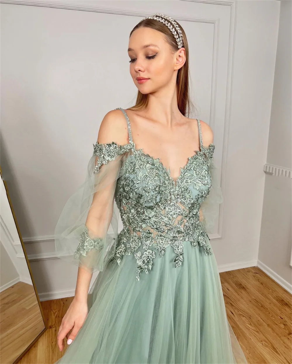 Jessica Light Green Embroidery Prom Dresses Tulle A-shaped Women's Evening Dresses Formal Wedding Party Dresses Robes De Soirée