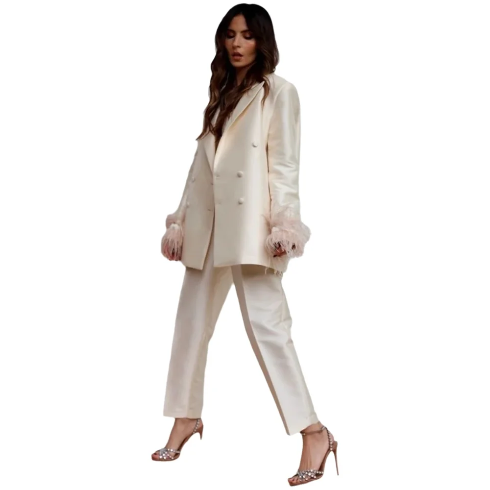 Luxe damespak met veren, klassiek ontwerp, dubbele rij knopen, enkellange, elegante outfit, twee stukken, formele feestvrouwelijke set - afbeelding 2