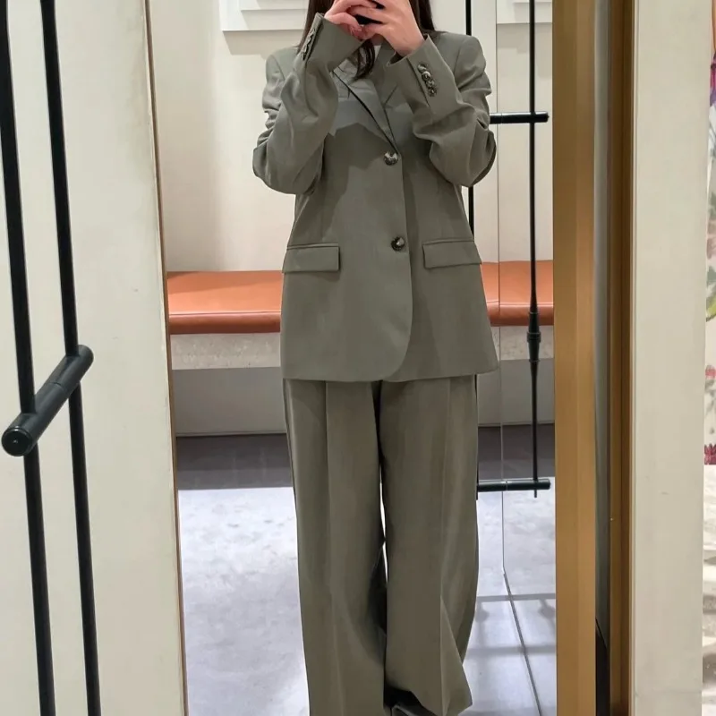 2025 ฤดูใบไม้ร่วงผู้หญิงRetroสีเขียวSlit Blazerและกางเกงเอวยางยืดชุด,high-Endเซ็กซี่แฟชั่นเสื้อและกางเกงสําหรับOffice Lady