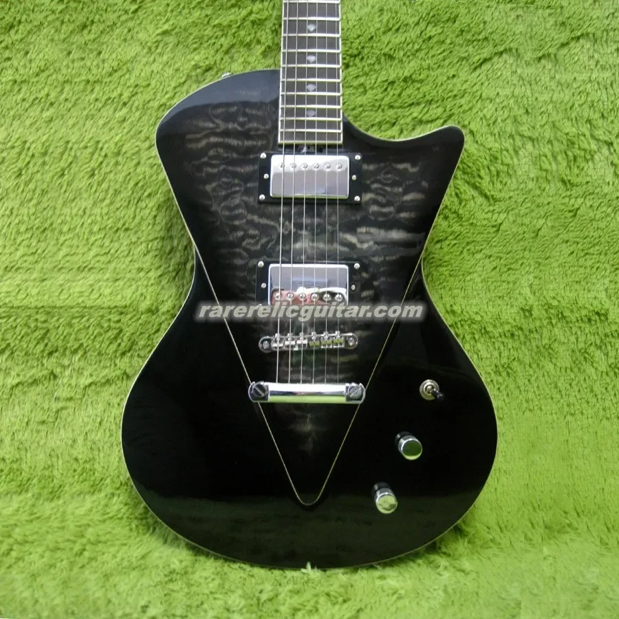 

In Stock Armada Divided Black V-shaped Quilted Maple Top Electric Guitar Curved Triangle Inlay HH Pickups Belly Cut Contour