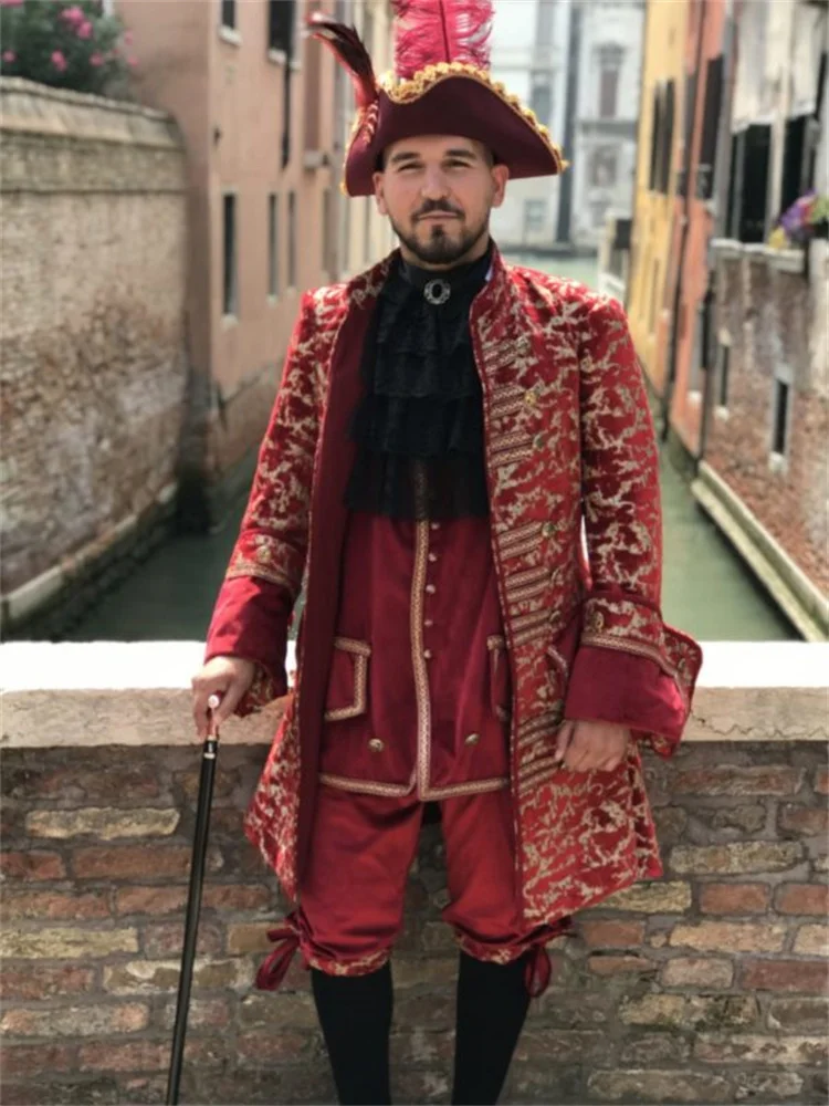 

1770s Men's Rococo Baroque Red Costume Victorian King Prince Luxury Tuxedo Uniform Venice Nobleman Ball Gown