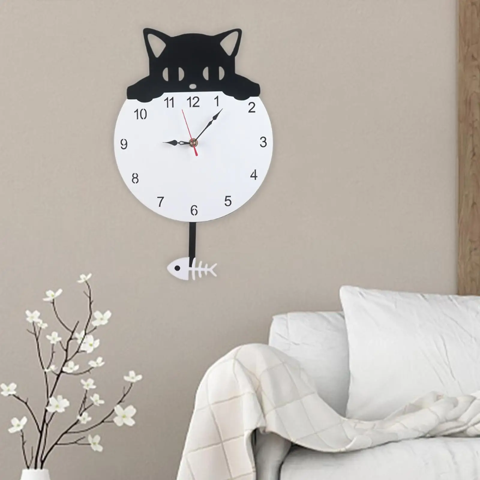 Cat Pendulum Wall Clock Animal Cute Silent for Living Room Bedroom Kids Room