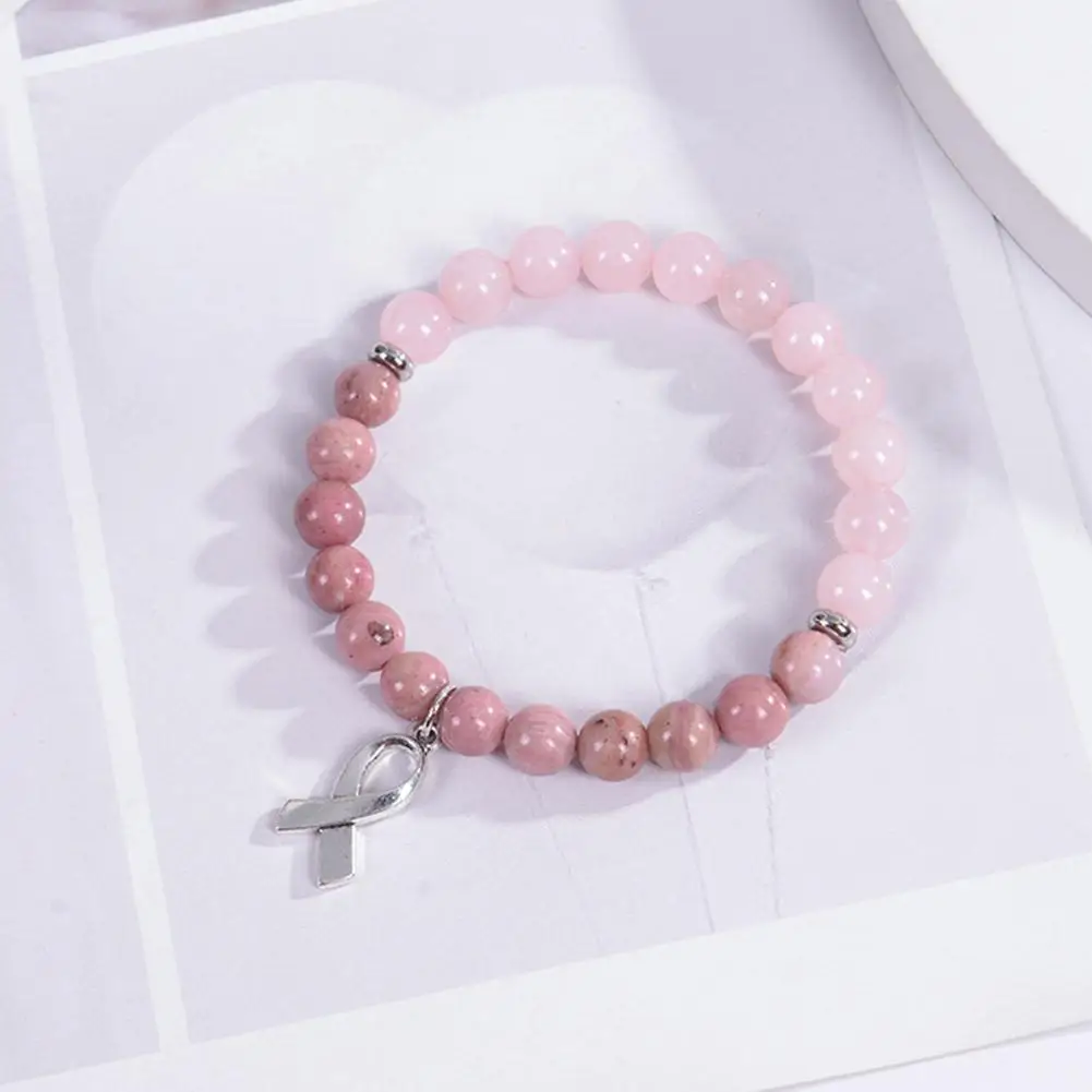 Breast Cancer Awareness Natural Stones Pink Crystal Bracelet With Message Card Valentine\'s Day Jewellery Gifts 2024