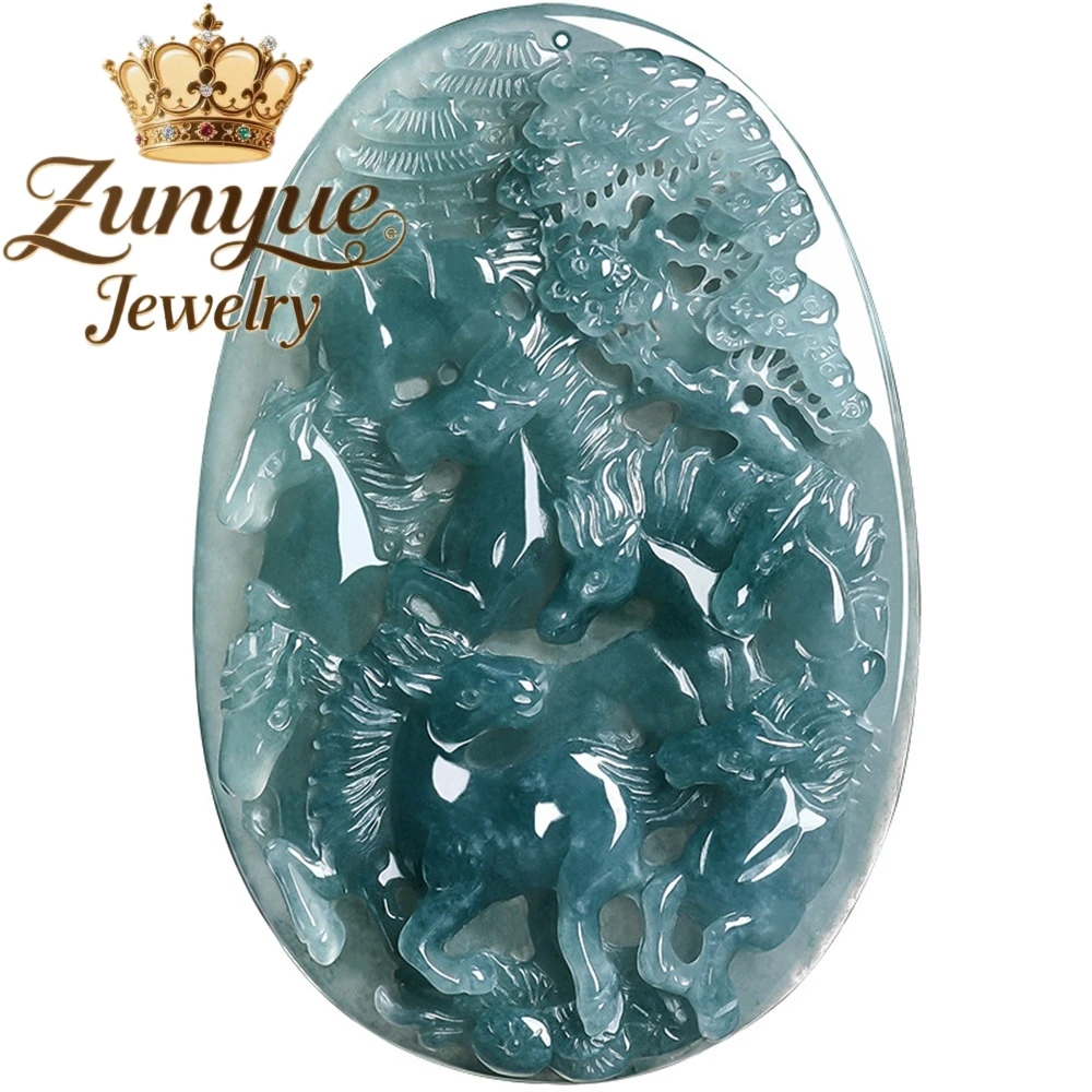 

Natural A Grade Blue Water Jadeite Eight Horses Pendant Vintage Carved Landscape Jade Necklace High-End Exquisite Fine Jewelry