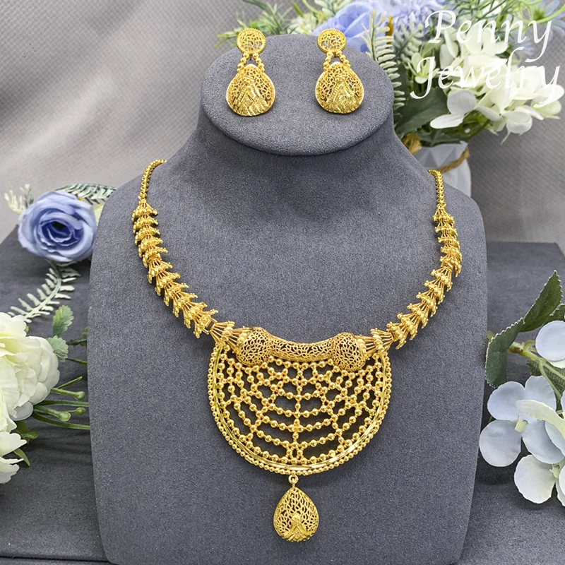 Italiaanse Originele 18K Vergulde Sieraden Set Voor Vrouwen Gouden Sieraden Ketting Oorbellen Afrikaanse Bruids Feest Huwelijksgeschenken