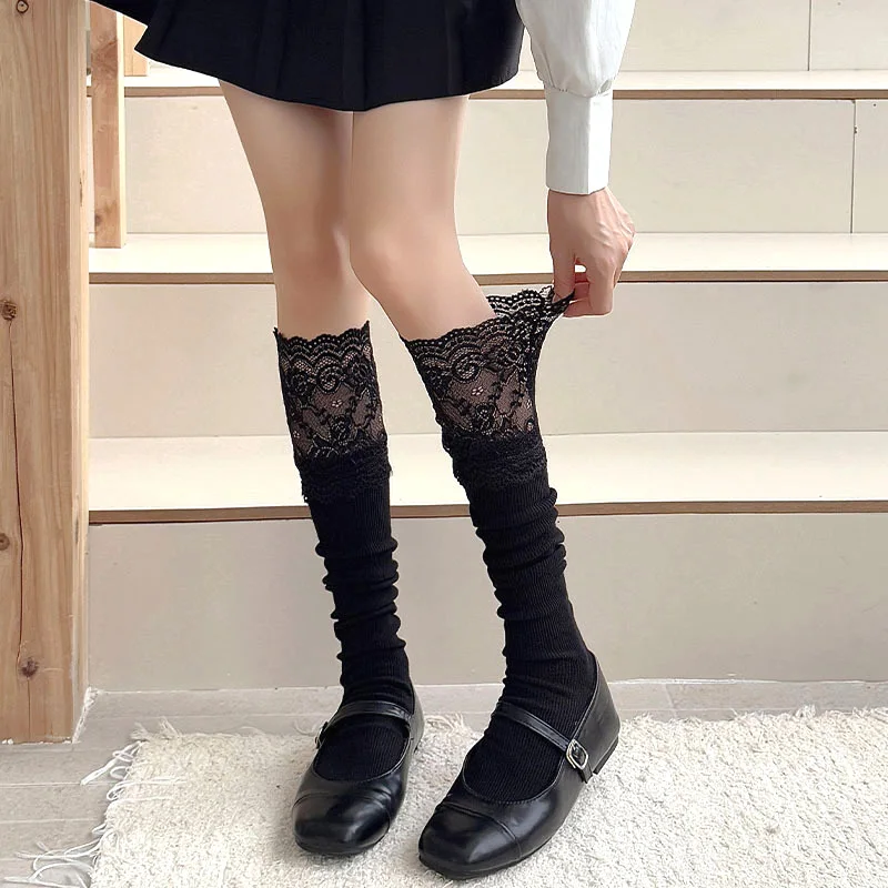 Autumn Winter Spring Korean Sexy Lace Sweetly Pile Up Socks Girl JK Slim Calf Socks Women Lolita Fashion Boots Socks