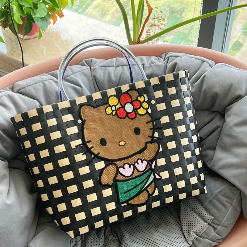 Miniso 2024 New Hello Kitty Woven Bag Fashion High Quality Girls Beach Bag Large Capacity Multi Functional Women\'s Handbag