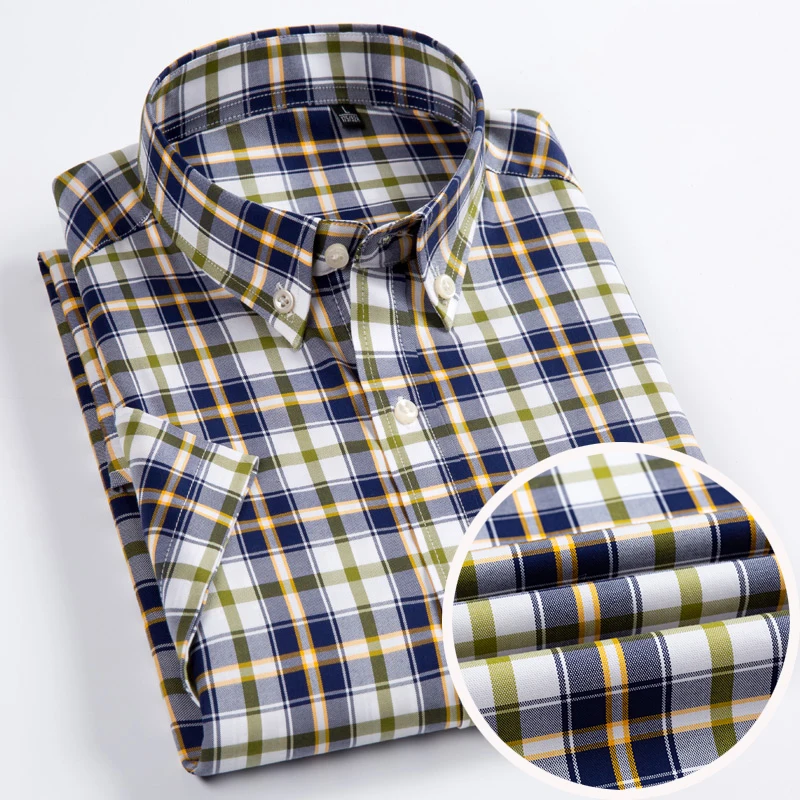 

Men's 100% Cotton Summer Short Sleeve Plaid Stripe Button Down Shirt - Left Chest Pocket Breathable Lightweight Slim Fit Comfort