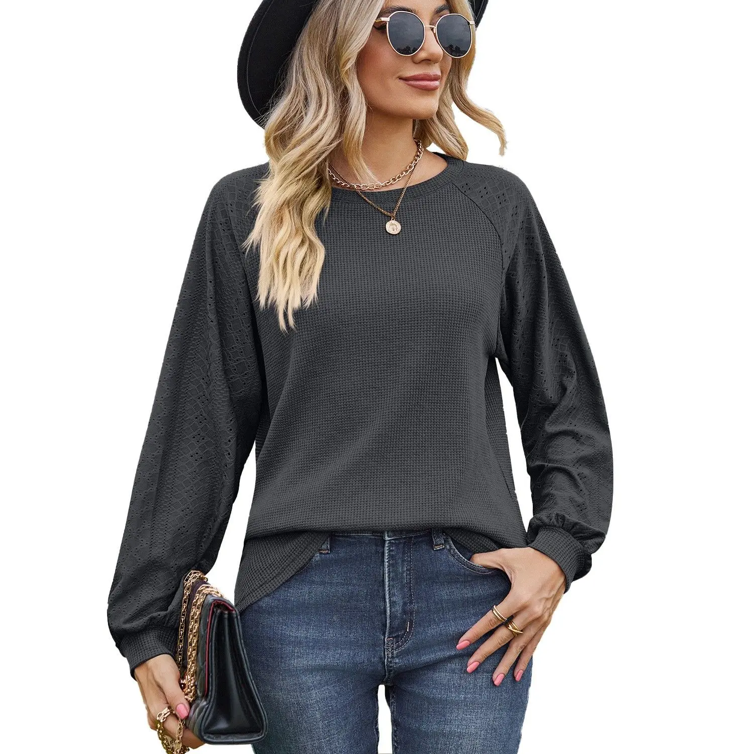 Loose Long Sve round Ne T-irt Women's Pure Color Splicing Oversize Top Autumn Winter New Sle Faion Ladies' Tee