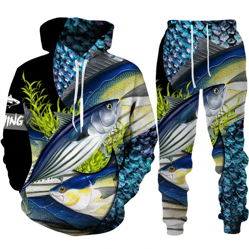 Men Hoodie Pants Suit Novelty 3D Fish Printed Harajuku Camo Fishing Hunting Camping Clothes Fashion Outdoor Sportswear Set