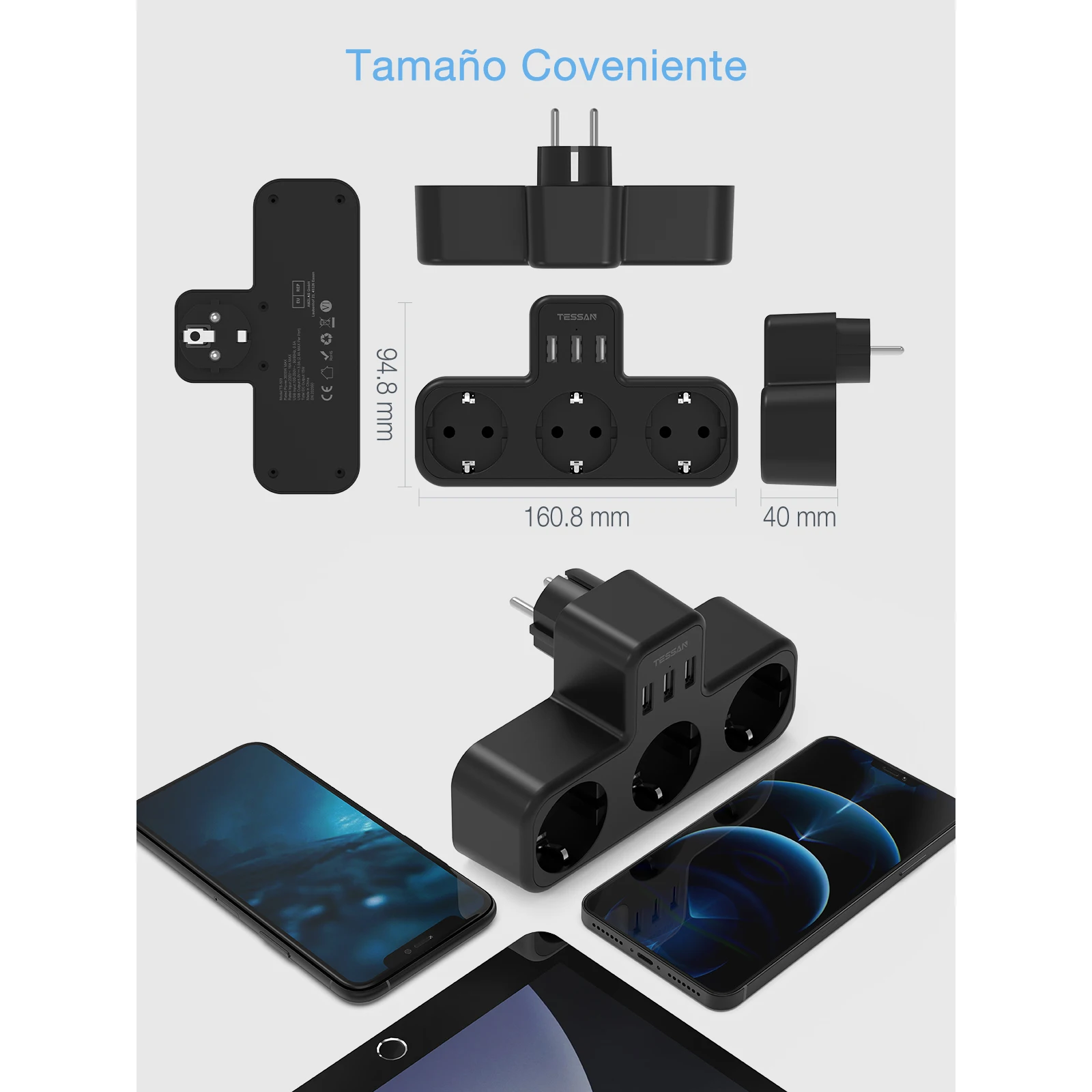 TESSAN USB przejściówka Adapter Multi Outlets z 3 gniazdami 3 porty USB 6 w 1 złodziej gniazdo europejski wiele wtyczka zasilania Strip dla domu