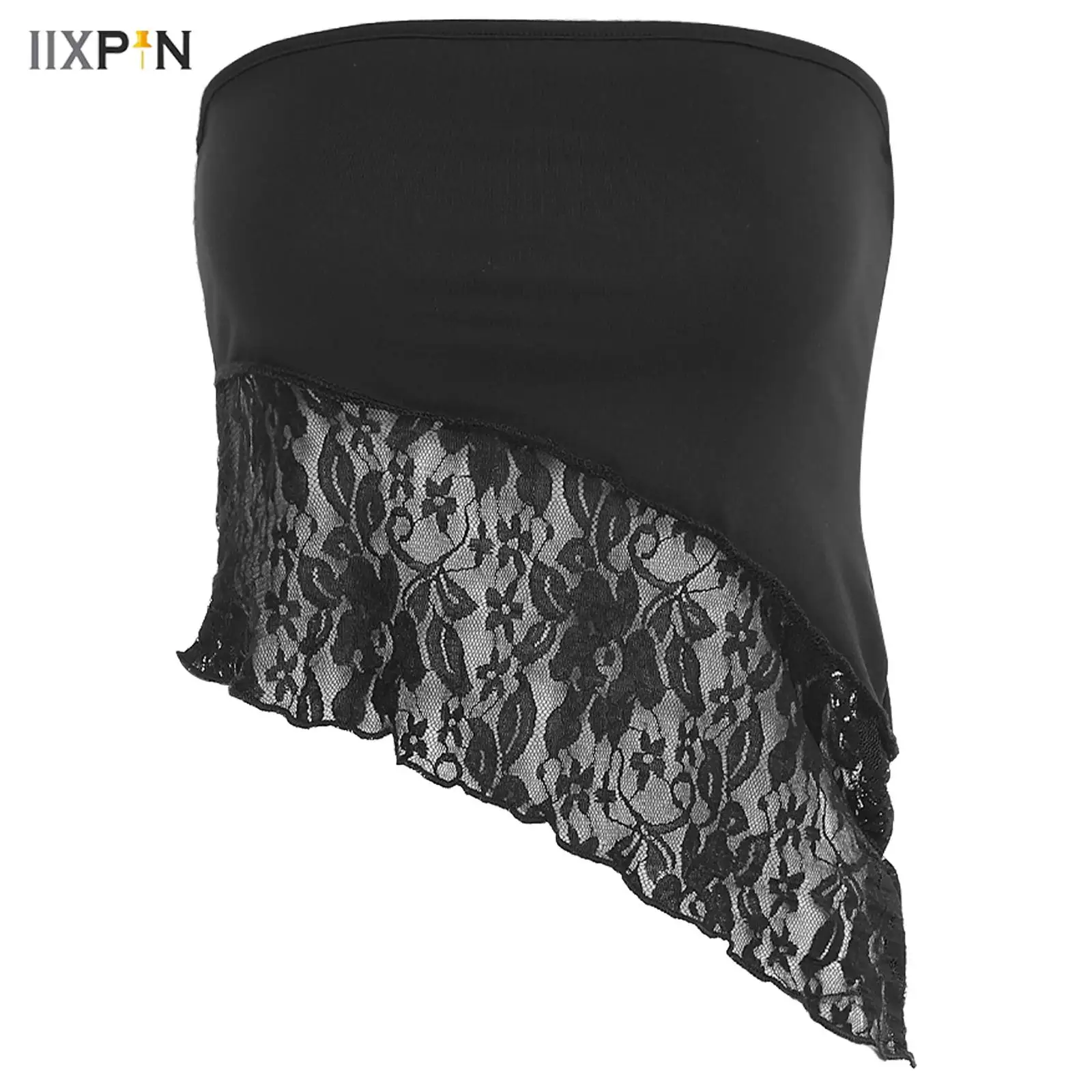 

Women's Strapless Tube Top Floral Lace Patchwork Sleeveless Irregular Bandeau Crop Tops Chic Blouse for Casual Tropical Vacation