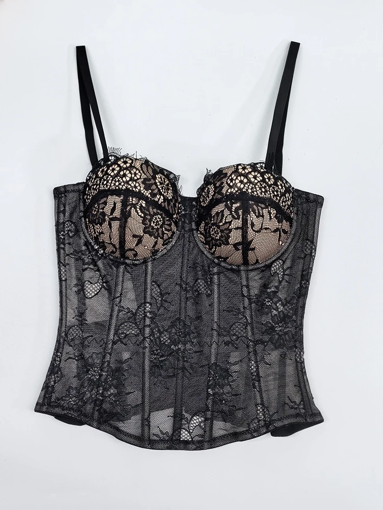 

SsTss модный кружевной корсет с ремешками, женский черный топ без рукавов с тонкой прозрачной сеткой, тонкая обтягивающая камзол, сексуальная клубная одежда Y2K