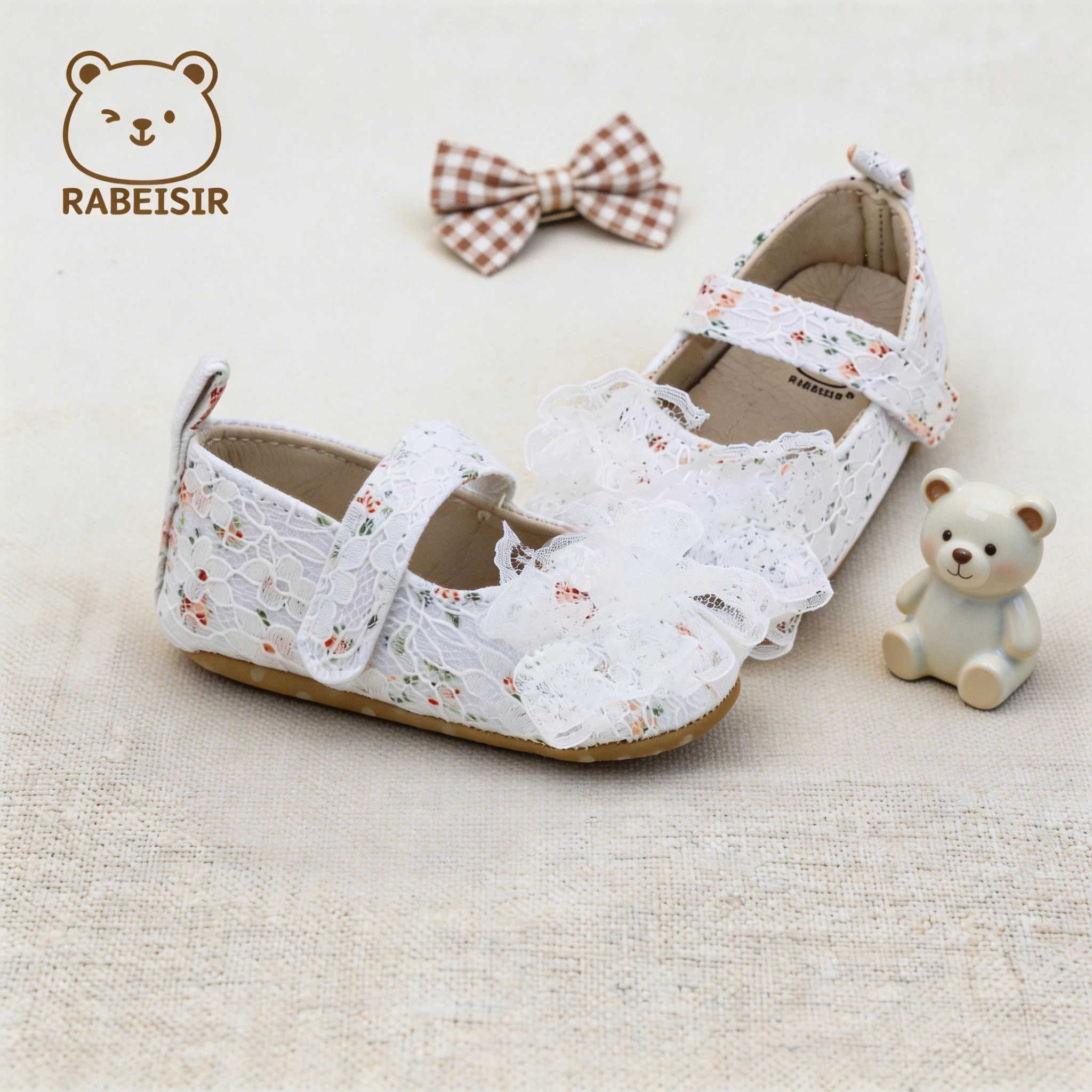 Lace Ruffle Small Floral Print Velcro Baby Girl Princess Walking Shoes
