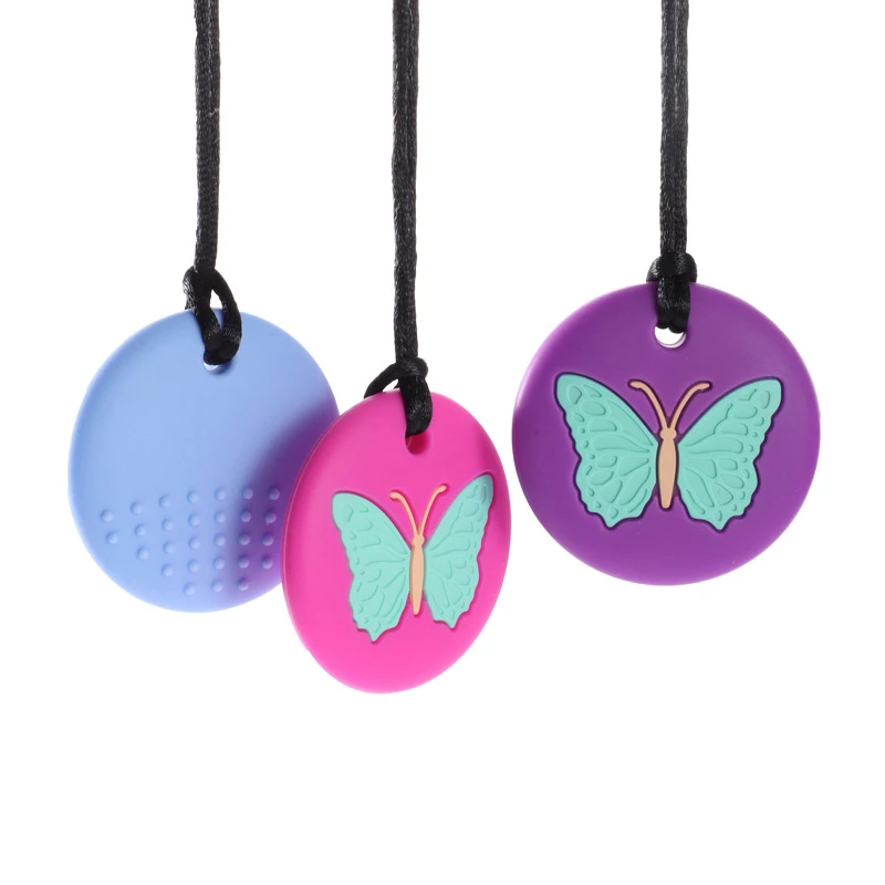 Chewy Necklace Butterfly Shape Autism Biting Sensory Child Silicone Teether Chew Toy Children Silicone Teether Pendant