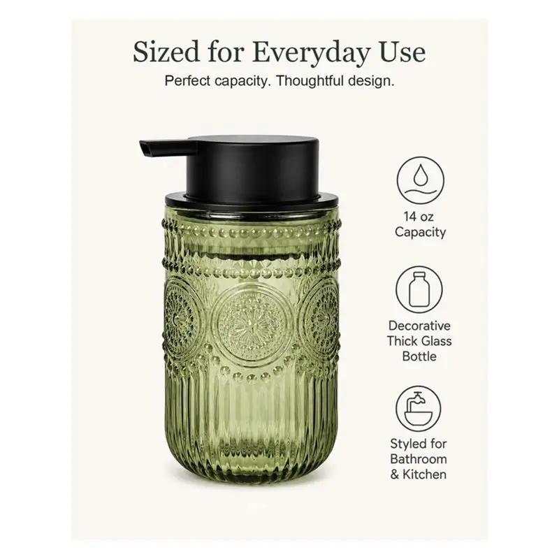 AB34-Refillable 14 OZ Green Glass Foaming Soap Dispenser Vintage Embossed Design, Hand Wash With Black Pump For Bathroom& Kitche