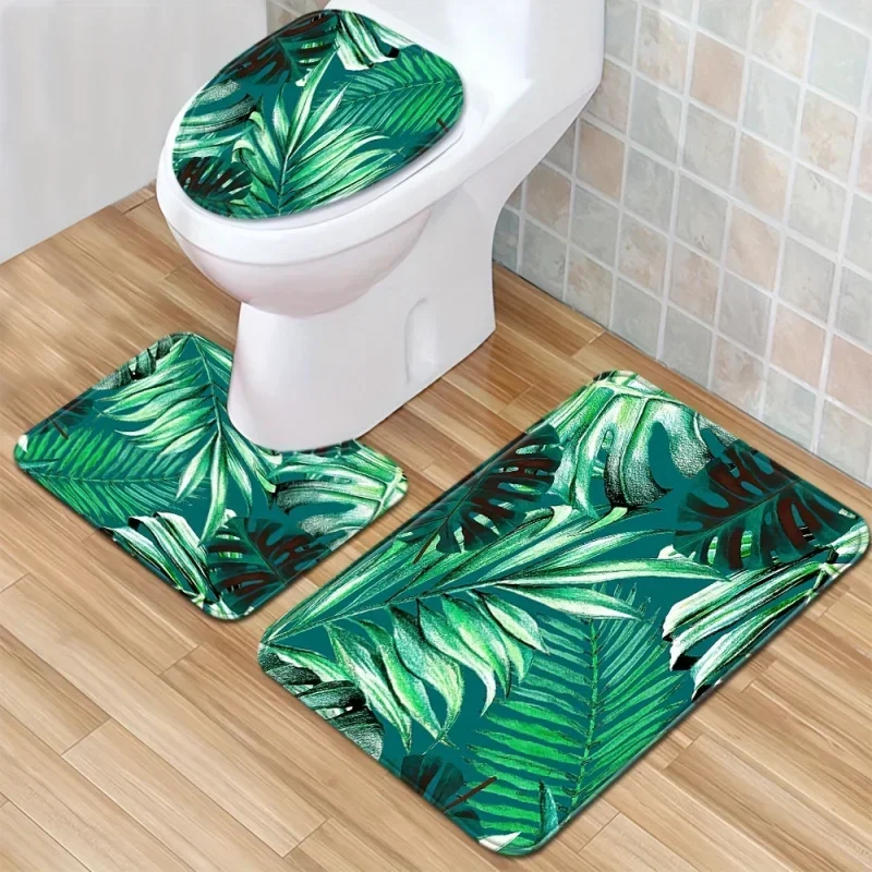 1/3pcs Green Leaf Pattern Floor Mat Set, Toilet Cover Rug, Bathroom Rug, Toilet Water Absorbent Door Mat, Non-slip Floor Mat, Ma