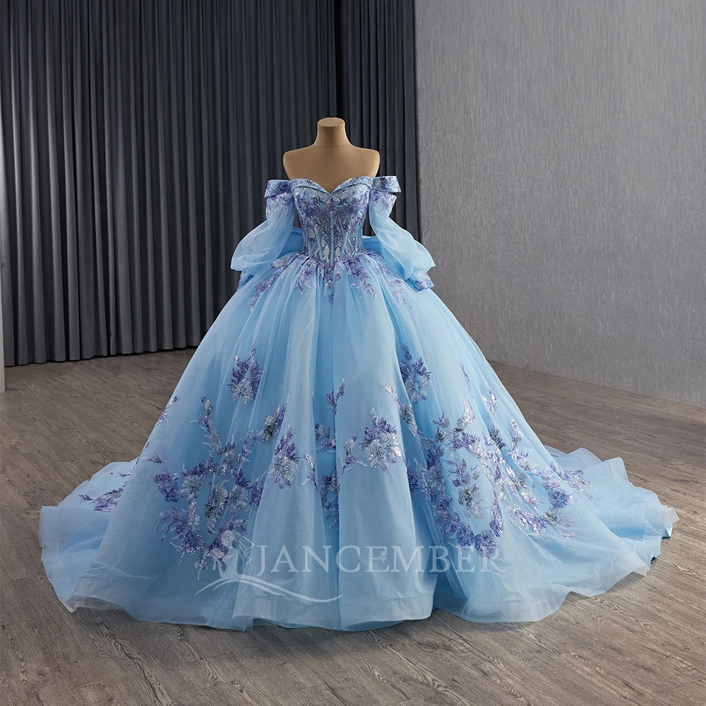 Glittering Sky Blue Princess Quinceanera Dress Customized Crystal Long Sleeves Sweet 16 Party Dress Vestidos De 15 Birthday