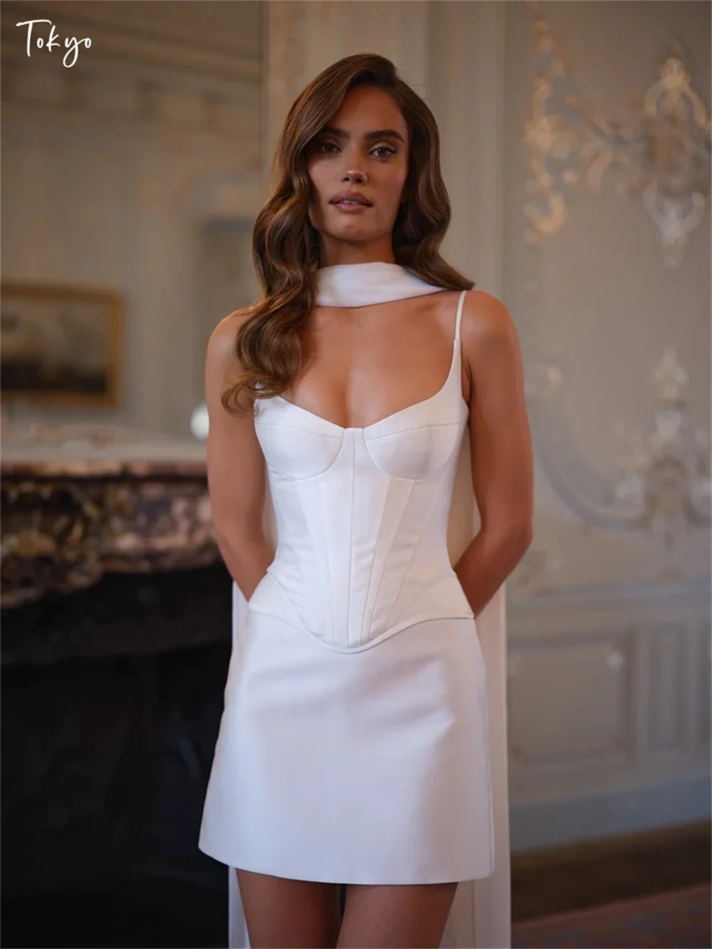 Tokyo Customized White Spaghetti Strap Wedding Dress Sleeveless Lace-Up Back Bridal Gown Elegant Mini Satin Wedding Gown 2026