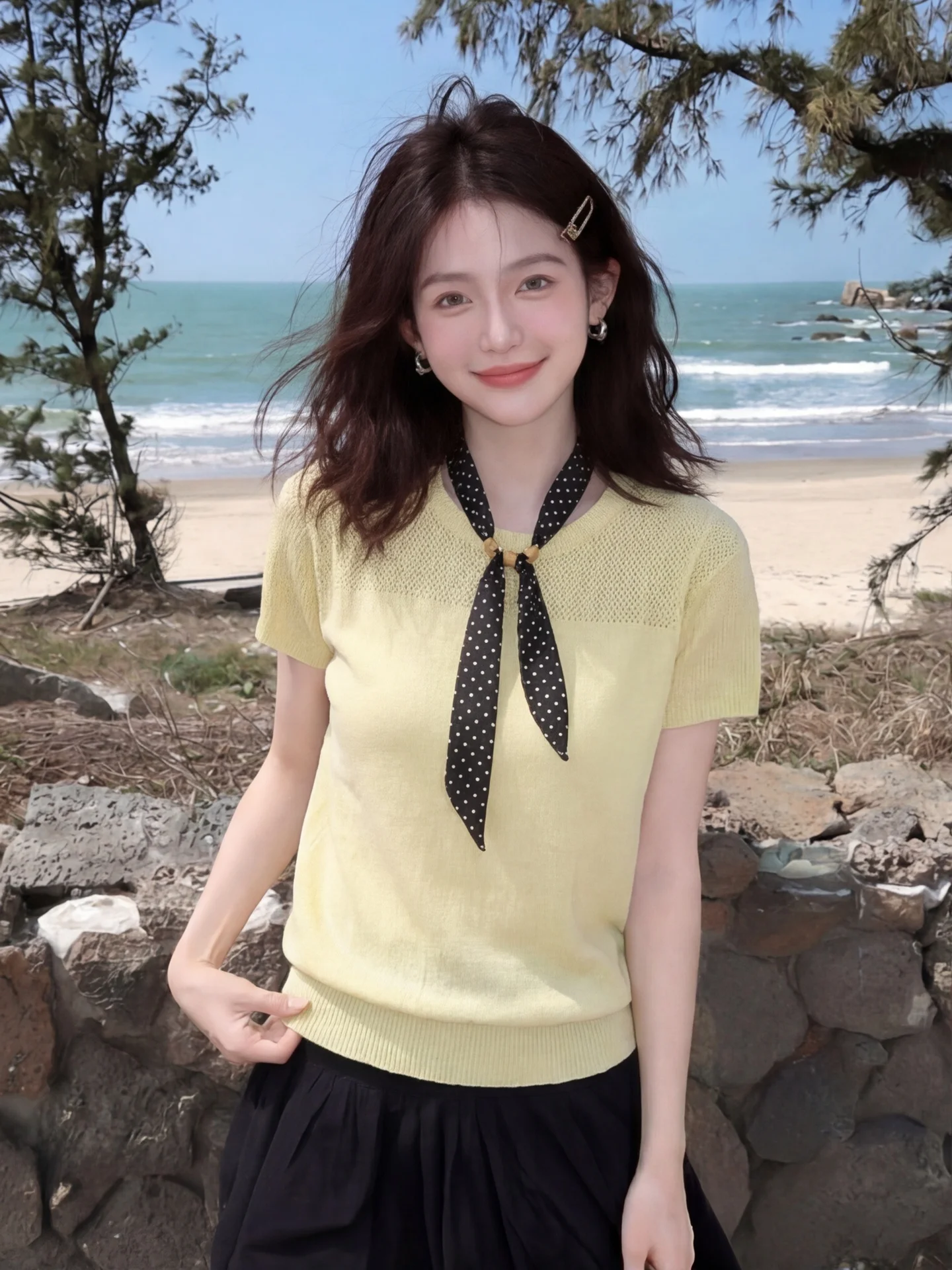 

Dopamine Bright Ice Silk Knitted Short Sleeve Women's Top with Scarf Hole Design Summer Fashionable Korean Style Loose Fit