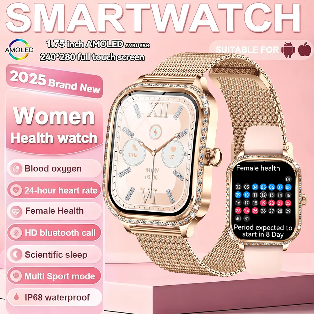 

From DAORKOW New Diamond Case Smart Watch Women 1.75inch Curved Screen Heart Rate Sprot Bracelet 3ATM Waterproof Calling Clock