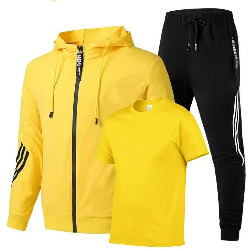 Conjunto de 3 piezas para hombre, de color sólido Sudadera con capucha, ropa deportiva informal de moda harajuku, hip hop, camiseta y pantalones deportivos