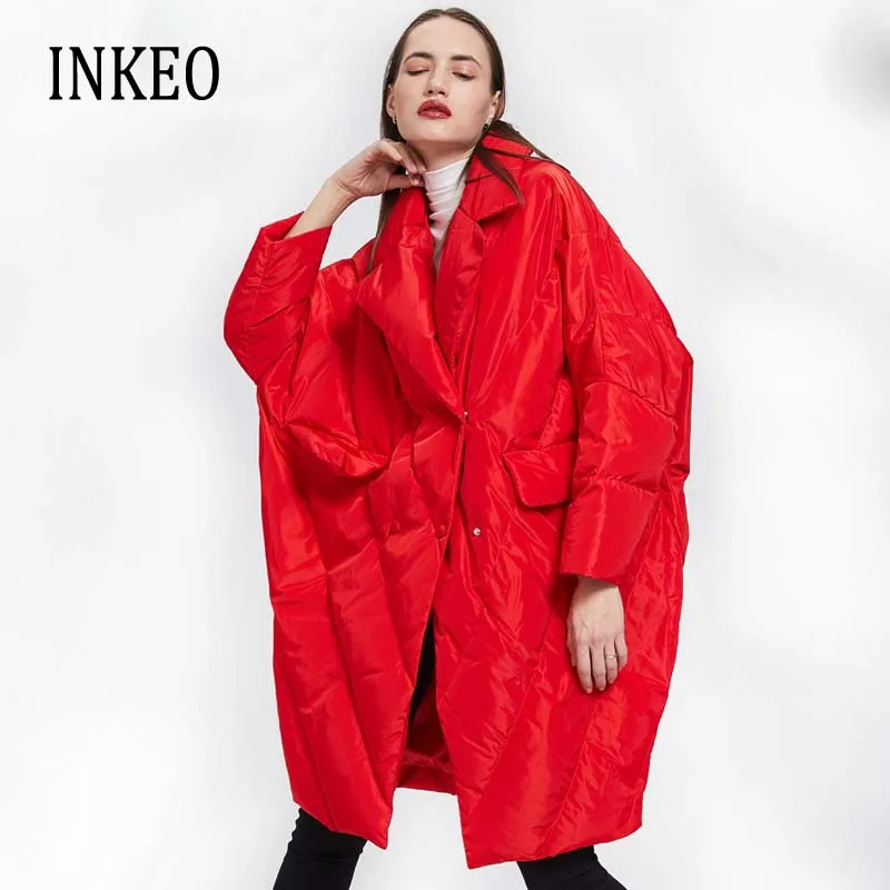 INKEO YO974-Chaqueta larga de gran tamaño para mujer, abrigo grueso y cálido con cuello vuelto, a la moda, color rojo, Invierno