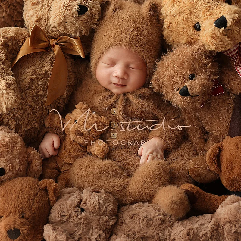 Bear Newborn Outfits Photography Lovely Knitted Jumpsuits Hat With Ears Cute Teddy Bear Soothing Dolls Studios Photography Props