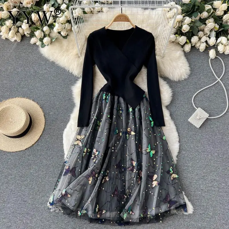 

2023 Knitting Full Sleeve Women Female Dress Butterfly Sequins Fashion Mesh Vestidos Office Casual One-Piece Outfits Elegant New