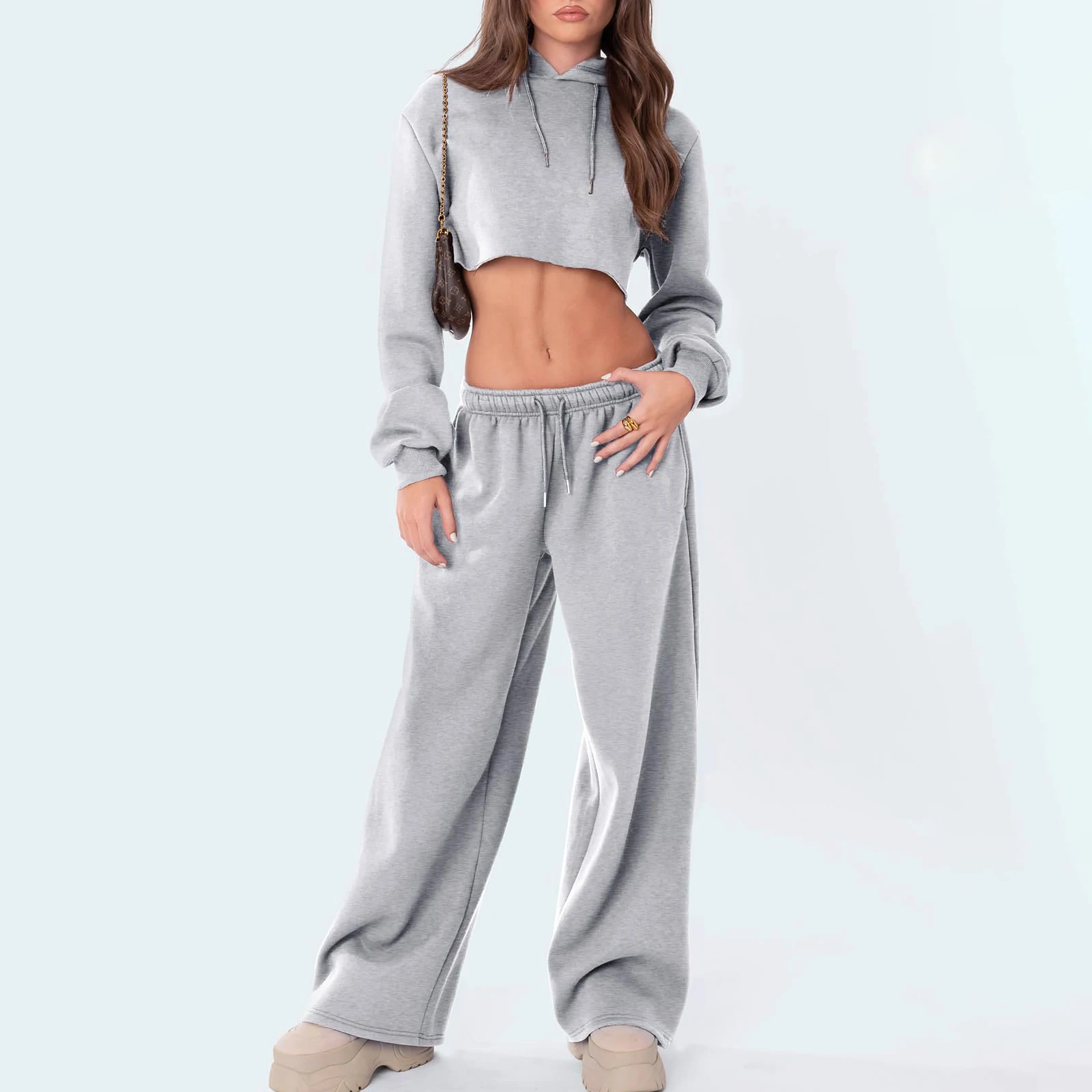 Women High Waist Drawstring Sweatpants Solid Color Running Trousers Casual Joggers Loose Wide Leg Pants Baggy Lounge