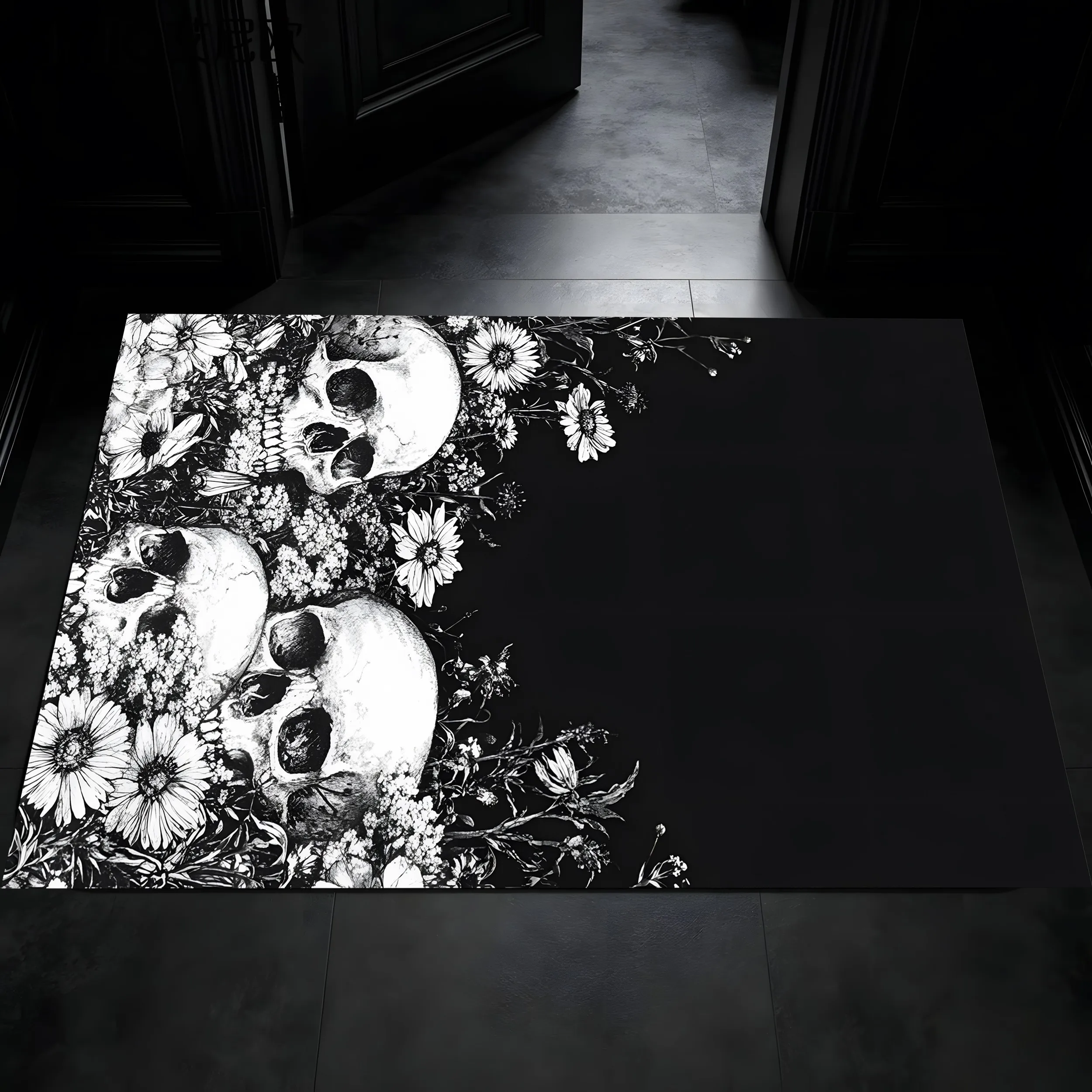 Black White Skull Daisy Mosaic Print Gothic Halloween Velvet Rug for Entryway Gaming Room Bedroom Sophisticated Decor