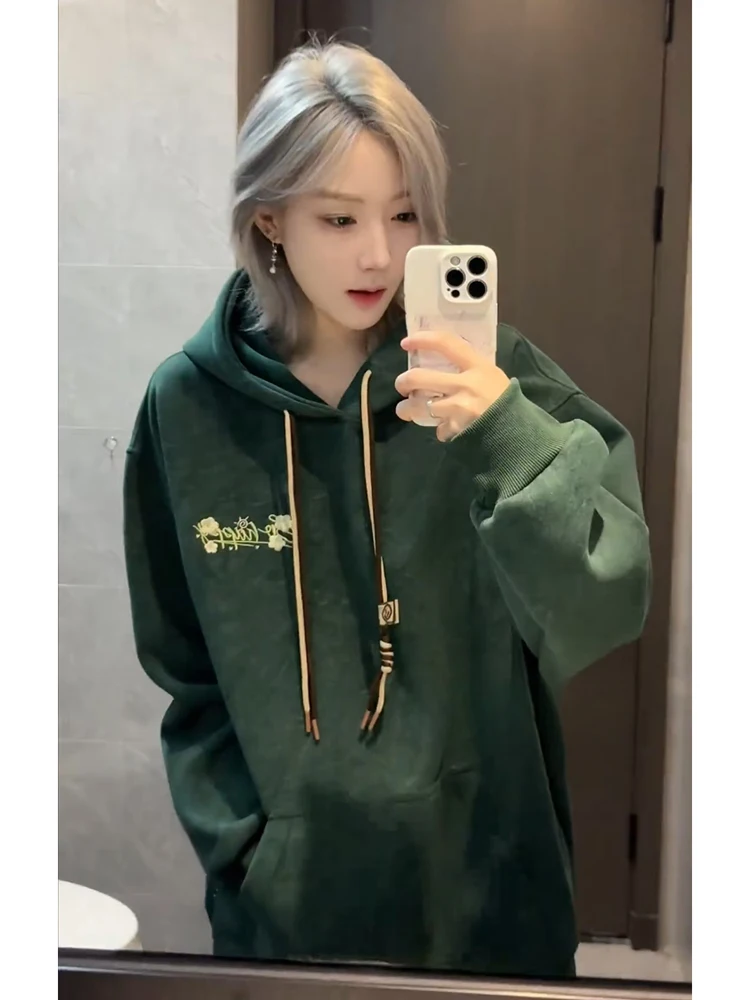 

Olive een Waed Hoodie Men's Autumn Winter College Sle Jaet Heavy Lazy Couple Embroidery Hoodie Comfortable Long Sve