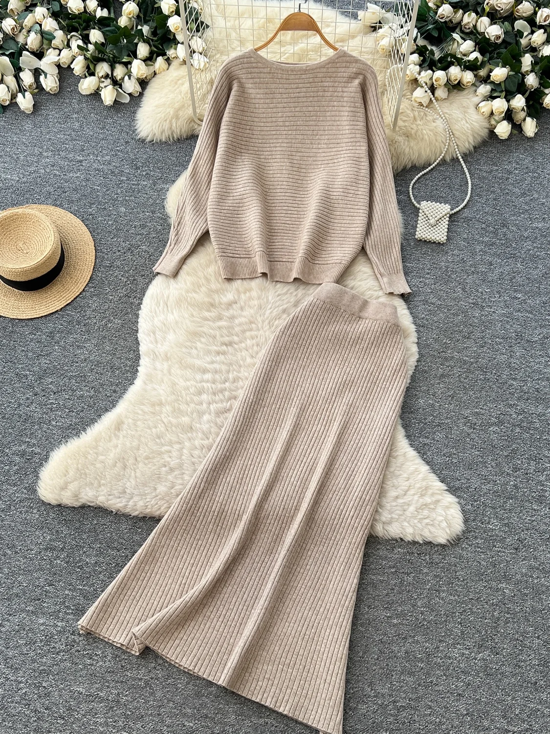 Elegant Lazy Knitted Top Skirt Set Women's High Waist Long Sleeve Two Piece Set Commute Versatile Personality Autumn Fashion