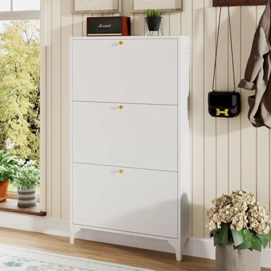 Freestanding Shoe Cabinet with 3 Flip DrawersMetal Narrow Shoe Rack for Entryway, Hallway, Living RoomHidden Metal Shoe Cabinet