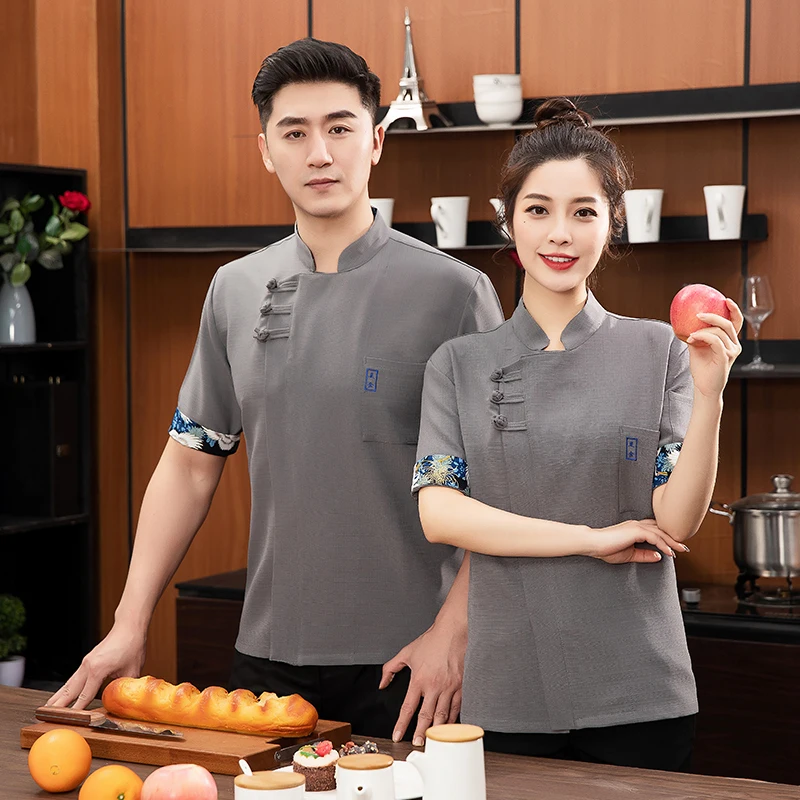 Chef Overalls Men's Summer Chinese Catering Chef Workwear Linen Breathable Wine Restaurant Ding Room Kitchen Uniform Women