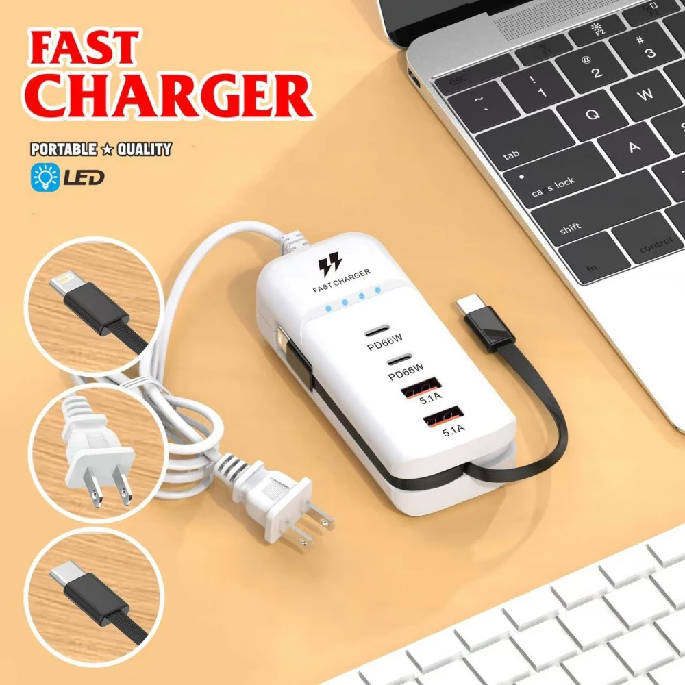66W USB Type C Fast Charger Power Socket Mobile Phone Charger With Breathing Lamp For iPhone 16 Pro Xiaomi 4 Ports Wall Adapters