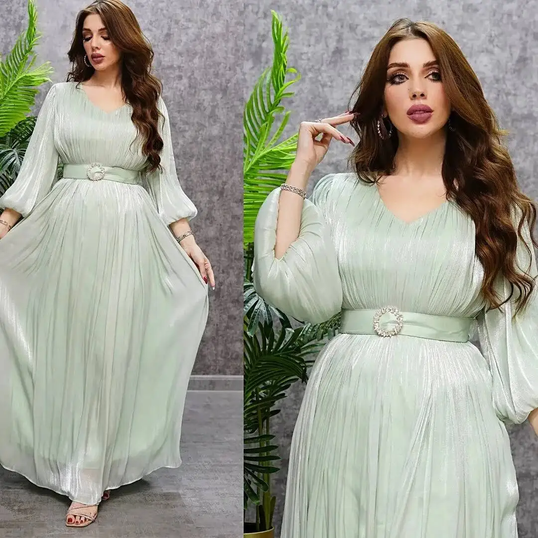 

Mq047 Women's Fashion Muslim Shiny Silk Satin Dress with Metal Belt Dubai Robe Robe Abaya Ramadan Dubai Luxury Islam Elegant
