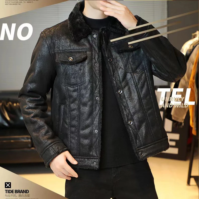 Men Spring Thick Warm Fur Leather Jacket Coat Men Autumn Outwear Casual Military Bomber Motor Biker Leather Jackets Male