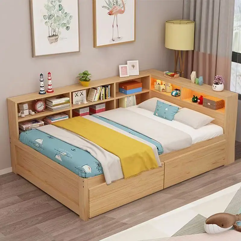 

&c Modern Solid Wood Full Size Bed with Twin Size Trundle DayBed with Storage Shelf and USB Charging Ports Natural
