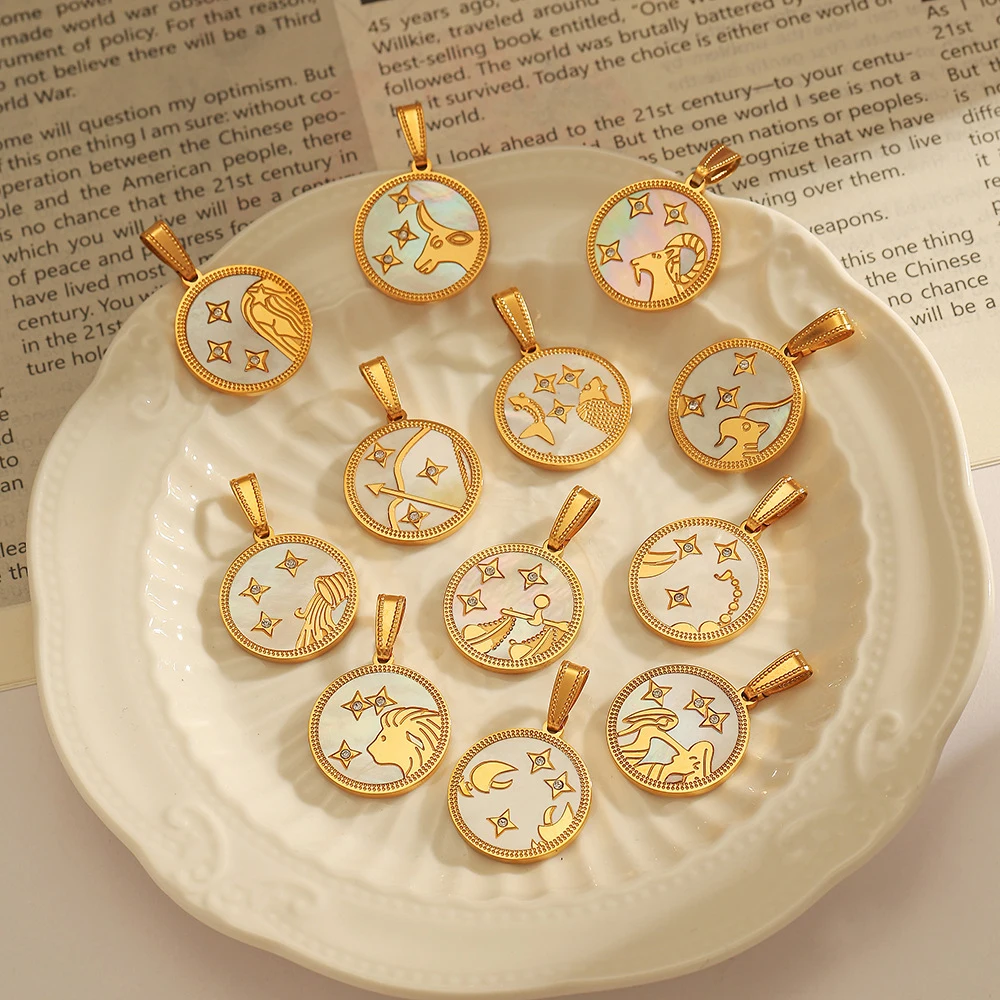 

12 Zodiac Sign Necklaces for Women Stainless Steel Vintage Gold Plated Round Coin Pendant Personalized Trendy Clavicle Chain