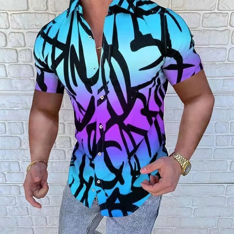 

Mens Shirt Graphic Shirt Abstract Graffiti Print Streetwear Short Sleeve Button Up Y2K Aesthetic Artistic Loose Fit Summer