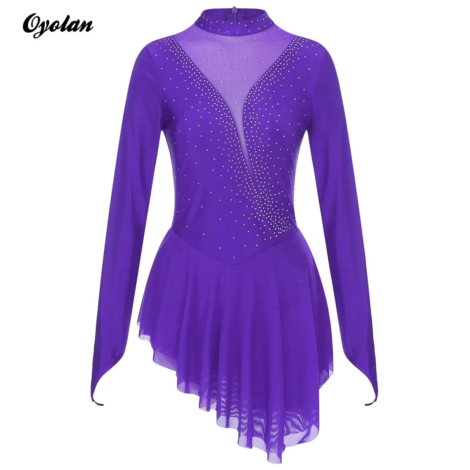 Womens Gymnastics Ballet Lyrical Dance Outfit Costume Long Sleeve Rhinestone Artistic Gymnastics Leotard Figure Skating Dress