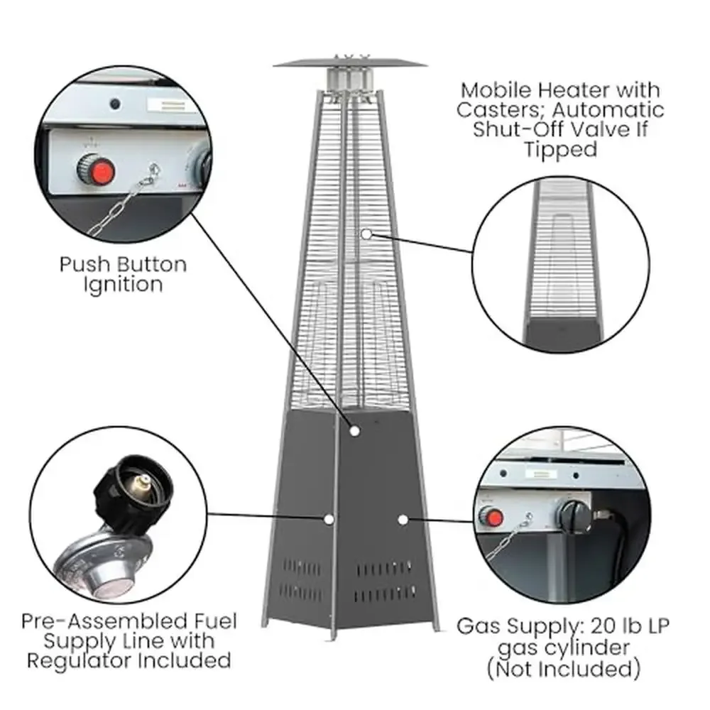 Portable Outdoor Gas Patio Heater Stainless Steel 42000 BTU 7.5ft Tall Commercial Residential Heating